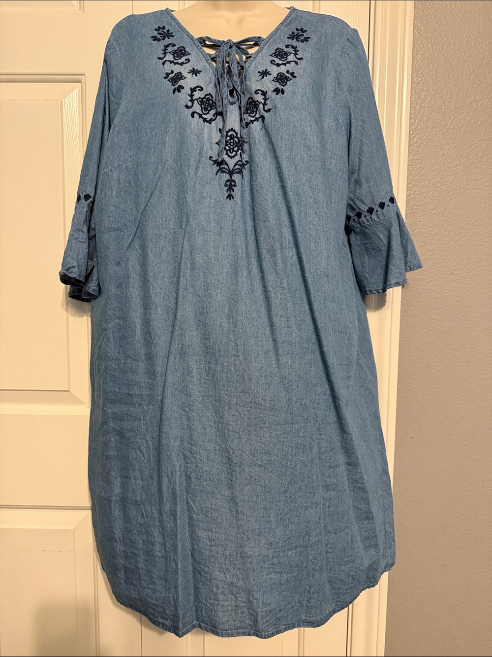 Blue Embroidered Tie-Neck Women's Dress